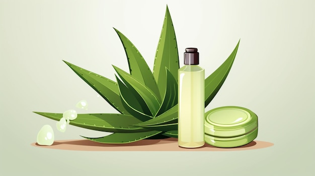 a bottle of perfume next to a plant with a green plant