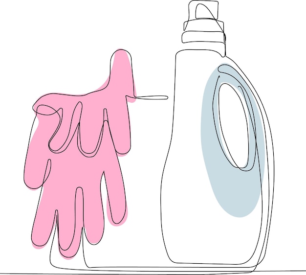 A bottle of pink gloves next to a bottle of liquid