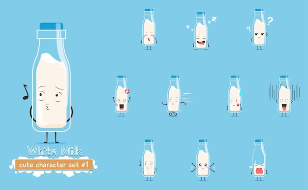 A bottle of white milk character emoticon set 1 isolated on cyan background a bottle of white milk character emoticon illustration