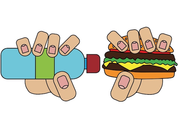 A bottle with a drink and a hamburger in the hands the picture is isolated on a white background in a cartoon style in vector graphics