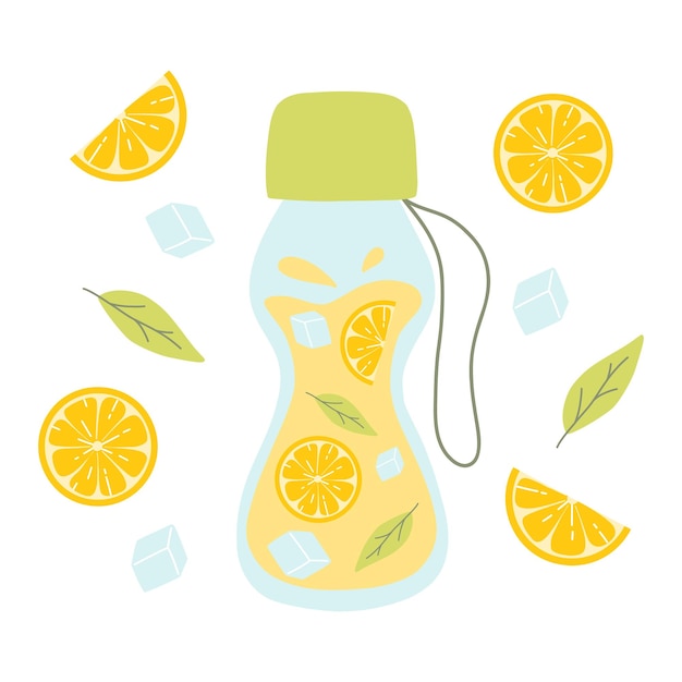 Bottle with lemonade Cool lemonade with pieces of lemon mint and ice Vector illustration isolated on white background Flat style