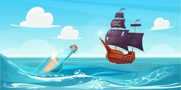 Vector bottle with message about treasure floating out to sea towards pirate ship in waves