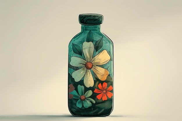 Vector a bottle with three colored flowers in the style of ascii art dark teal and light green back button