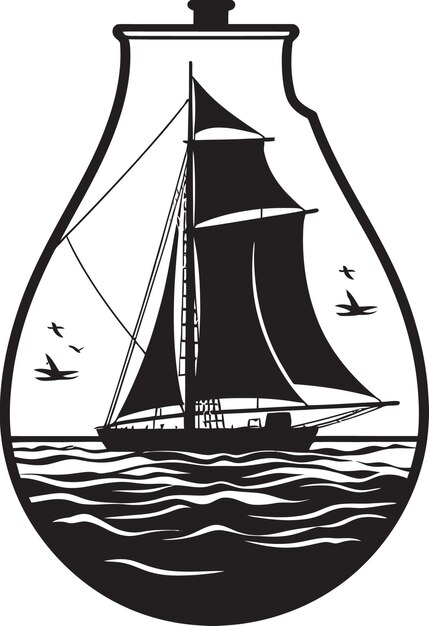 Bottled Bounty Vector Graphic of Classic Sailboat in Glass Seafaring Keepsake Black Logo Design of