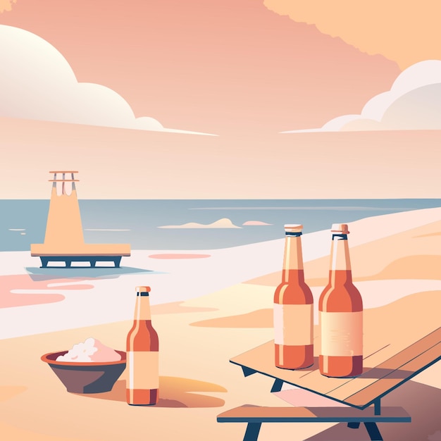 Vector bottles of beer and bbq on the beach vector illustration flat 2