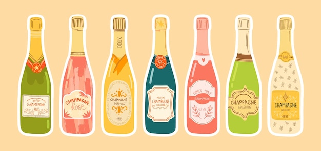 Bottles champagne wines prosecco elite alcoholic drinks in a glass bottle