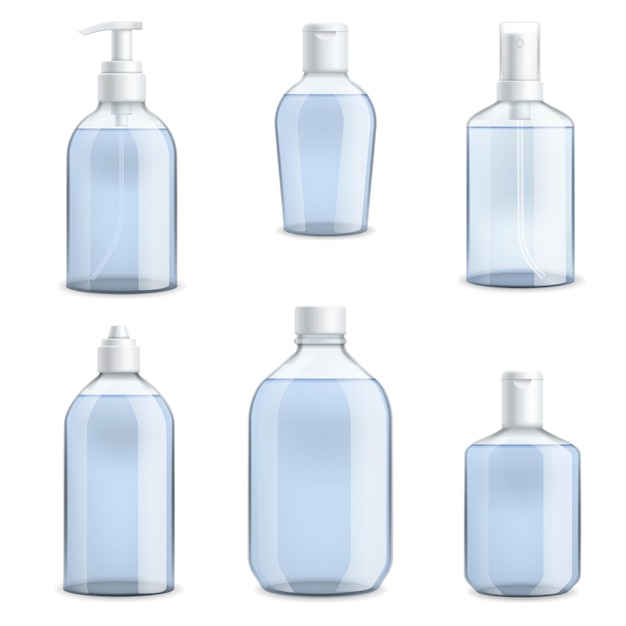 Bottles hand sanitizer Transparent templates realistic set 3d plastic containers mockup with alcohol gel dispenser and spray Antibacterial soap and lotion packaging Vector isolated on white set