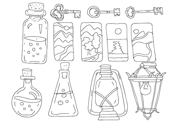 Bottles magic bottles jars handdrawn sketch doodle set large separately on a white background black