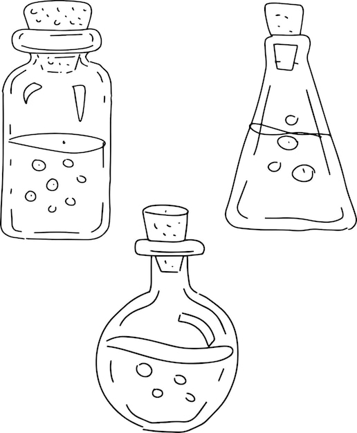 Bottles magic bottles jars handdrawn sketch doodle set large separately on a white background