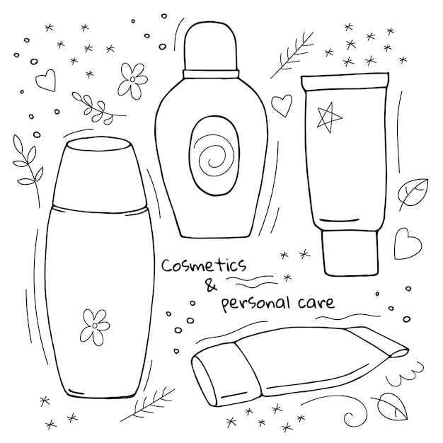 Bottles and tubes packaging of cosmetics and hygiene products, flowers, stars, leaves and element