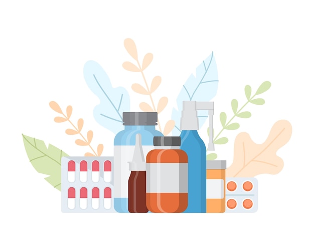 A bottles of vitamins, tablets, pills for seasonal cold, treatment, pharmacy. Flat style