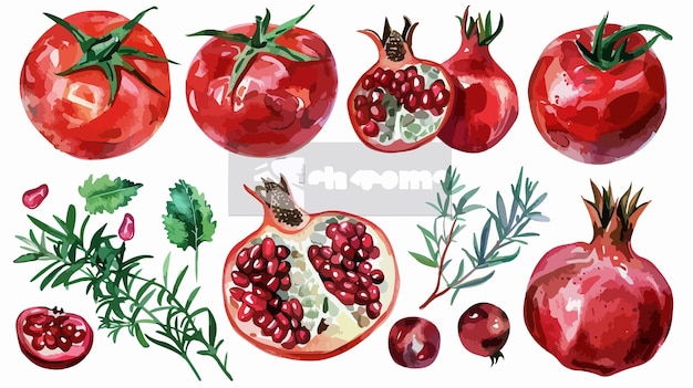 Vector bountiful watercolor set of cherry tomatoes pomegranate and thyme isolated