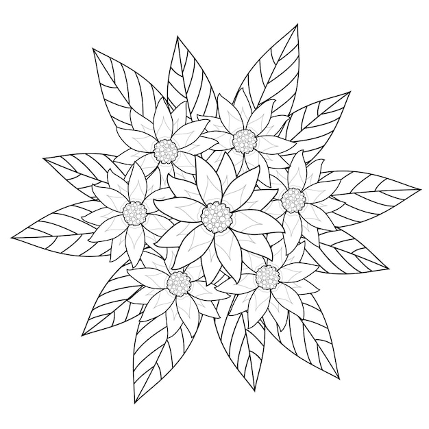 Bouquet Blossom Flowers and Leave Hand Draw Flower Drawing in Black and White for Adult Coloring Boo