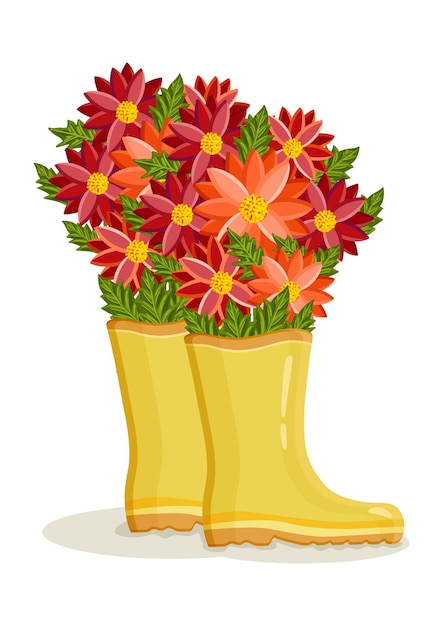 Bouquet of bright colorful flowers in yellow rain boots Spring composition for Women's Day Mother's Day Valentine's Day and other holidays Spring floral design isolated vector illustration