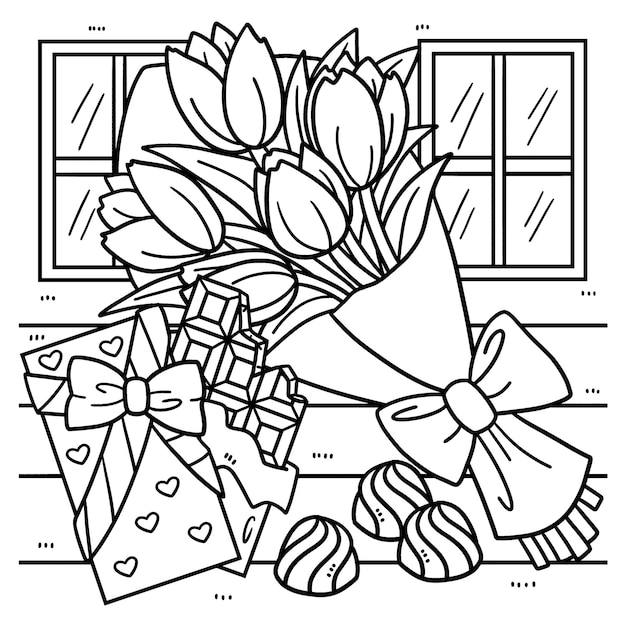 Bouquet and Chocolates Valentines Day Coloring