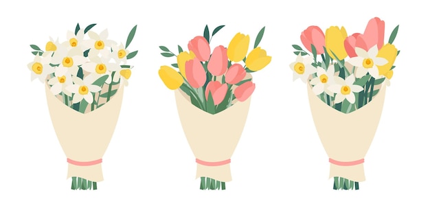 Bouquet collection set with spring flowers tulips and daffodils isolated