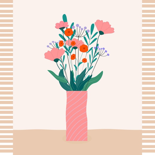 Vector bouquet of different spring and summer flowers in vase