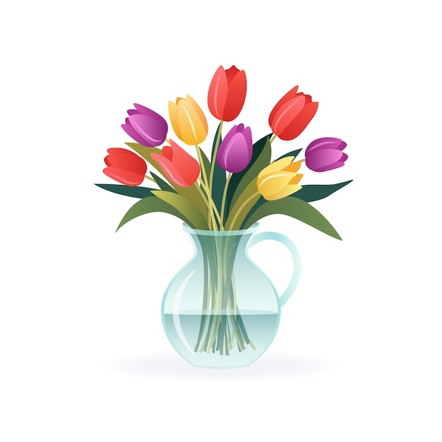 Bouquet of different tulips Spring flowers in vase isolated vector illustration on white