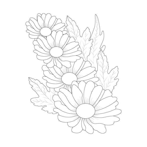 Bouquet drawing Daisy Flower Coloring Page With Decorative Hand Drawn Pencil Line Art Vector