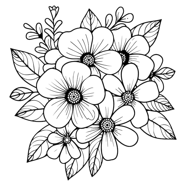 Vector bouquet of flowers coloring page for kids vector template