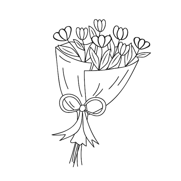 Bouquet of flowers in doodle style Black and white vector illustration for coloring book