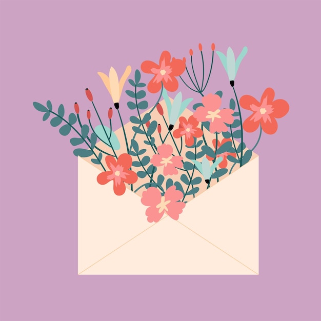 Bouquet of flowers in an envelope.  Beautiful spring botanical illustration in flat style.