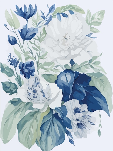 Vector a bouquet of flowers is shown with blue and white flowers.