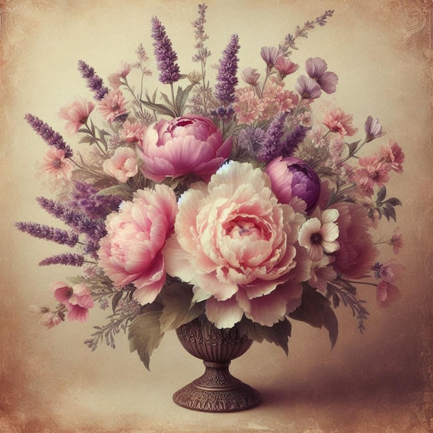 a bouquet of flowers is in a vase with a brown background