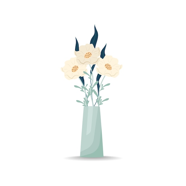 Vector bouquet of flowers in a vase white poppies vector illustration in flat style boho