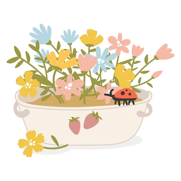 A bouquet of flowers in a white basin with strawberries Cute spring flat vector illustration