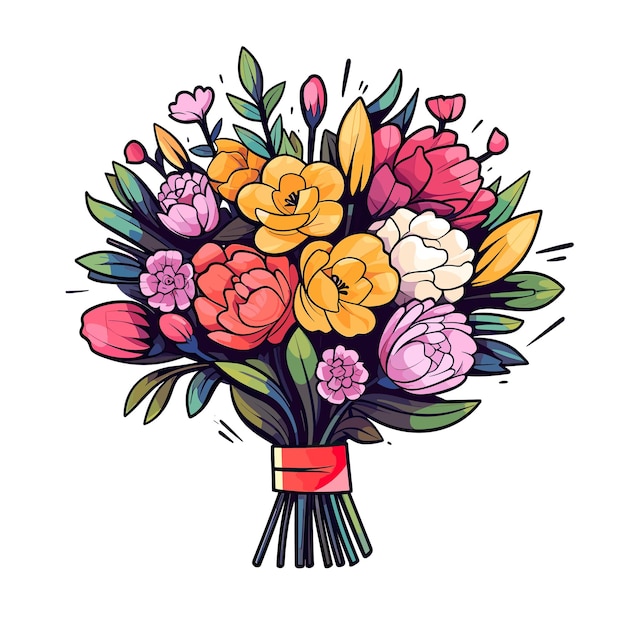 A bouquet of flowers with a red ribbon around it.