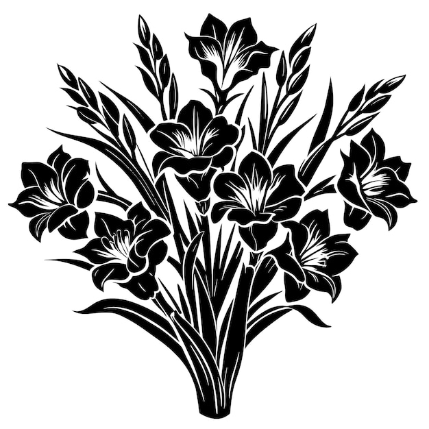 Bouquet of gladiolus flowers Black and white illustration