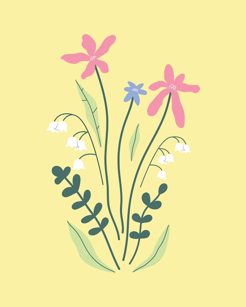 Bouquet of hand drawn flowers Summer illustration Plants leaves lily of the valley. Vector clipart