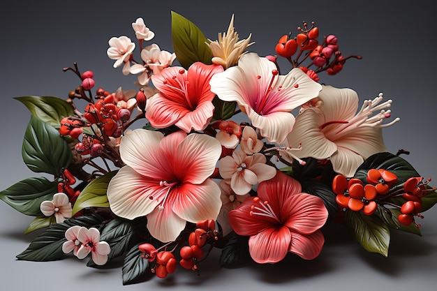 Bouquet of lilies with leaves top view isolated