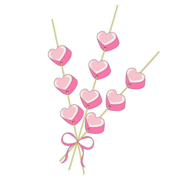 Bouquet Marshmallows in the shape of a Heart on a Stick with a Pink Ribbon and a Bow