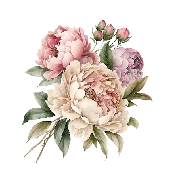 A bouquet of peonies and roses with leaves and flowers in pink and purple.