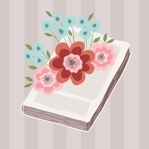 A bouquet of pink and blue flowers lies on the book Flat illustration on a striped background