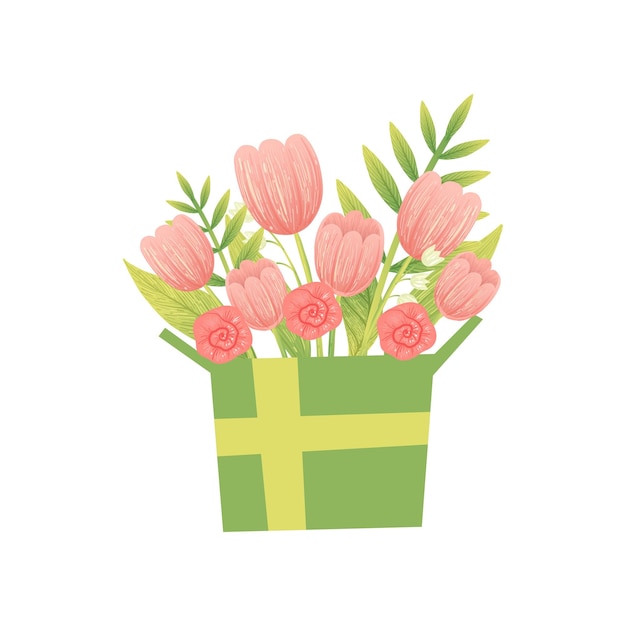 Bouquet of Pink Flowers in Box Hello Spring Floral Design Template Vector Illustration on White Background