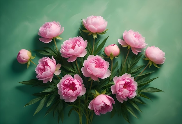 A bouquet of pink peonies lies on a textured turquoise background offering a vibrant and romantic visual