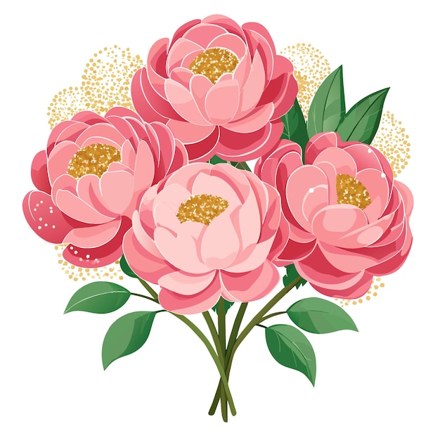 A bouquet of pink peons peony flowers with gold accents The flowers are arranged in a way that they look like they are in a vase Scene is one of elegance and sophistication