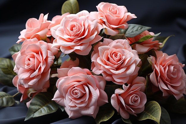 a bouquet of pink roses with green leaves and a black background red rose isolated on white