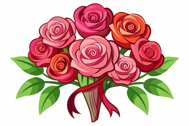 Vector a bouquet of red and pink roses with green leaves