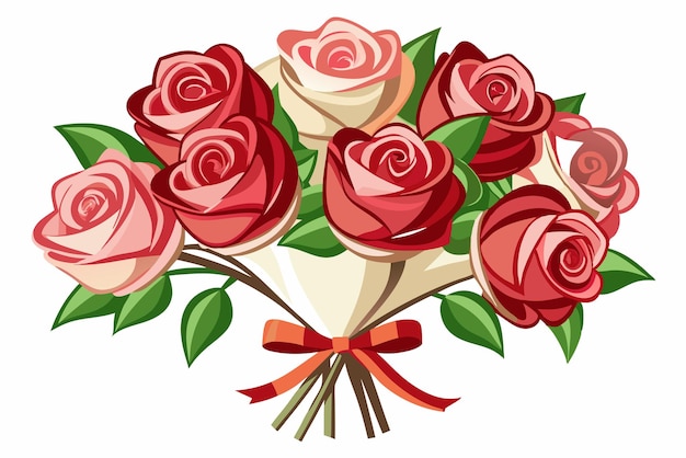 Vector bouquet of red and pink roses with a red and orange bow