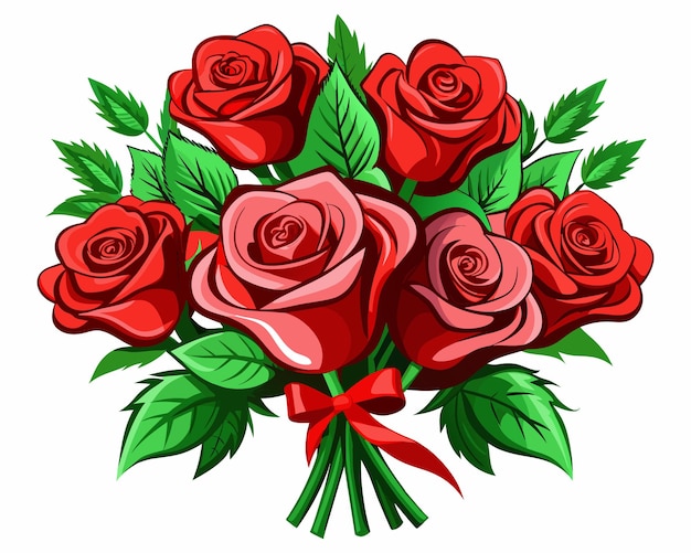 a bouquet of red roses with green leaves and a red ribbon