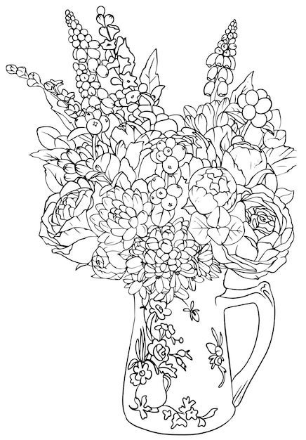 Bouquet of roses in a vase coloring book hand vector