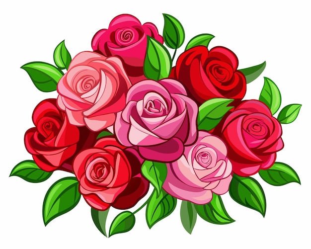 Vector a bouquet of roses with green leaves and pink roses