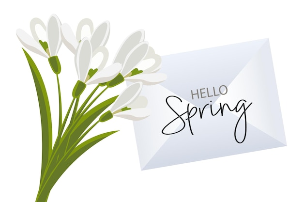 Bouquet of snowdrops and envelope with text Hello spring. Congratulation banner, postcard, poster