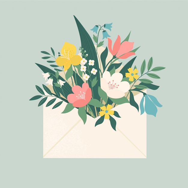 Bouquet of spring flowers inside the envelope and other decor elements. Flat design. Paper cut style.