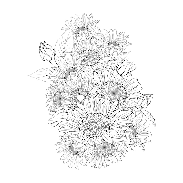 bouquet of sun flower hand drawn tattoo engraved illustration ink sketch coloring page for adult.