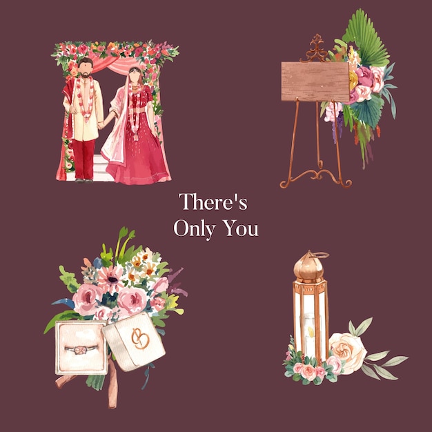 Bouquet template with Indian wedding conceptwatercolor style